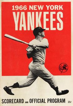 an old yankees baseball program is on the table in front of a man holding a bat