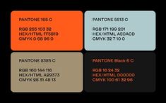 four different colored business cards with black, orange, and white numbers on them are shown