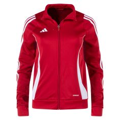 adidas Women's Tiro 24 Training Jacket. Inspired by the 2006 Teamgeist template. - Curved design element down each side. - Side zip pockets. - Embroidered logo. Aeroready technology wicks sweat. 100% Polyester. Functional Adidas Outerwear For Sports Events, Winter Training Outerwear With Three Stripes, Red Track Jacket For Sports Events, Red Sportswear Track Jacket For Sports Events, Red Sporty Track Jacket For Sports Season, Sporty Red Track Jacket For Athletic Season, Adidas Functional Outerwear For Sports Events, University Red Track Jacket For Winter Sports, Winter Sports Track Jacket In University Red