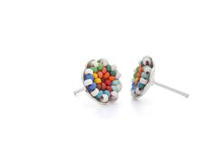 Beaded Earrings - A colorful array of Japanese glass beads are stitched with a contrast-colored thread and cupped in textured sterling silver with a scalloped edge.<br><br>Sterling silver posts. Multicolor Sterling Silver Jewelry With Tiny Beads, Ornate Multicolor Beaded Sterling Silver Jewelry, Nickel Free Multicolor Beaded Sterling Silver Earrings, Multicolor Earrings With Silver Beads For Gift, Multicolor Silver Beaded Earrings For Gifts, Multicolor Beaded Earrings With Silver Beads For Gift, Multicolor Silver Beaded Earrings As Gift, Rice Necklace, Fajardo