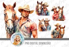 an image of a man in cowboy hats with horses and other images on the background