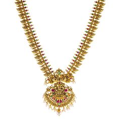 Drawing inspiration from the beauty of Indian temple jewelry, this 22k gold necklace with emerald, ruby, and pearls by Virani Jewelers is a celebration of fine craftsmanship. The antique gold accents adds a regal touch, while the rubies, emeralds, and pearls create a radiant display of colors. This stunning gold necklace offers a unique combination of traditional design and modern elegance, making it the perfect accessory for sophisticated occasions and special celebrations.Features• 22k yellow gold• Antique finish• Engraved details• Emerald• Pearls• Ruby Specifications:• Minimum Width - 2.3 millimeters• Maximum Width - 50.75 millimeters• Length - 28 inches• Weight - 54.3 grams Buy Necklace Kameswari Jewellers, Luxury 22k Gold Temple Jewelry Emerald Necklace, Luxury Red Temple Necklace For Celebration, Gold Temple Necklace, Necklace With Emerald, Temple Necklace, 22k Gold Necklace, Temple Jewelry, Indian Temple