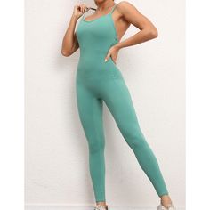 Green Back Criss-cross V Neck Nylon Jumpsuit Green Stretch Bodysuit For Sports, Green Stretch Workout Bodysuit, Green Stretch Bodysuit For Workout, Green High Stretch Bodysuit For Sports, Sleeveless Green Bodysuit For Gym, Green Stretch Bodysuit For Athleisure, Green Sleeveless Jumpsuits And Rompers For Gym, Sporty High Stretch Green Bodysuit, Sporty Green Stretch Jumpsuits And Rompers