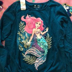 Brand New Never Worn. Beautiful Details! Disney Long Sleeve Top With Cartoon Print, Pink Long Sleeve Disney Top, Pink Long Sleeve Disney T-shirt, Blue Long Sleeve Disney Top, Little Mermaid Shirt, Mermaid Shirt, Jumping Beans, Disney Shirts, Little Mermaid