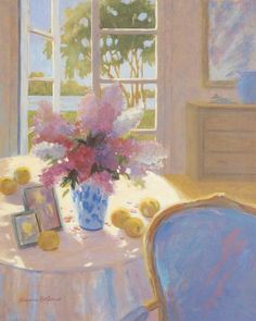 a painting of a vase with flowers on a table in front of a large window