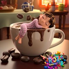 a digital painting of a girl in a coffee cup with chocolate sauce falling out of it