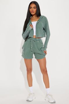 Available In Black And Sage. Washed Ribbed Short Set Cropped Zip-Up Hoodie Sweatshorts Elastic Waistband Drawstring Cargo Pockets Stretch Disclaimer: Due To The Specialized Wash Process, Each Garment Is Unique. 100% Cotton Imported | Blair Thermal Short Set in Sage size Large by Fashion Nova Cropped Zip Up Hoodie, Search By Photo, Classic Aesthetic, Cropped Zip Up, Ribbed Shorts, Short Set, Matching Dresses, Zip Up, Short Sets