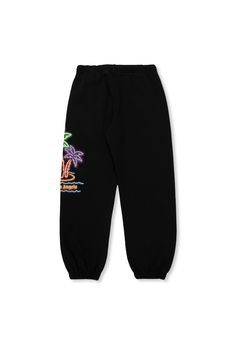 Black sweatpants from Palm Angels Kids. Made from cotton, this pair is cinched with cream drawstrings at the waist and showcases a colourful graphic print with a logo, two frontal pockets and elasticated cuffs. Composition: 100% Cotton Angel Kids, Boys Bottoms, Heeled Rain Boots, Black Sweatpants, High Heel Rain Boots, Kenzo Kids, Printed Sweatpants, Classic Logo, Stella Mccartney Kids