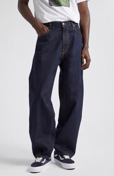 A stovepipe silhouette brings trend-savvy appeal to these jeans crafted from nonstretch Japanese selvedge denim and finished with contrast topstitching. 33" inseam; 19" leg opening; 13 1/2" front rise; 17 1/2" back rise (size 36) Zip fly with button closure Five-pocket style 100% cotton Machine wash, tumble dry Made in the USA Designer Clothing Selvedge Jeans For Fall Streetwear, Classic Medium Wash Jeans With Contrast Stitching, High Rise Dark Wash Jeans With Contrast Stitching, Classic Straight Leg Flare Jeans With Contrast Stitching, Urban Style Selvedge Jeans With Relaxed Fit, Dark Wash Relaxed Fit Jeans With Standard Cut Leg, Dark Wash Rigid Denim Flare Jeans, Urban Dark Wash Jeans With Standard Cut Leg, Urban Straight Leg Dark Wash Flare Jeans