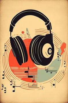 an illustration of headphones with music notes around them and the image of a record player