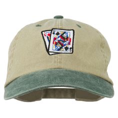 Pinochle Embroidered Washed CapMade of 100% cotton.One size fits most with an adjustable buckle strap closure, fitting up to XL.Same material inner hat band.Adult/Unisex.Crown measures 3 inches deep.Bill measures 3 inches long.Hand wash only.Brand of cap may vary with different manufacturer.Imported. Image of playing pinochle cards is embroidered on the front crown of cap.6 small colored ventilation holes placed on each panel of crown.Featuring two colors.Unstructured crown.Bill is pre-curved an Unisex Crown, Embroidered Cap, Navy And Khaki, Embroidered Caps, Sticker Patches, Leisure Activities, Patch Design, Green And Khaki, Black Khakis