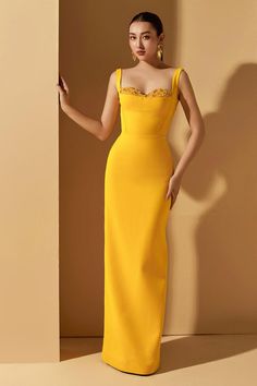 Jensen Sheath Semi-Heart Neck Texture Floor Length Dress | MEAN BLVD Occasion Outfits Classy, Texture Floor, Yellow Bridesmaid, Floor Length Dress, Dinner Dress, Floor Length Dresses, Fashion Icon, Textured Fabric