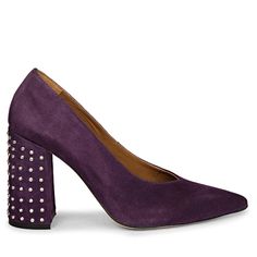 These Pamina studded pumps from SaintG are about to be your new beauty. These highly recommended pumps are crafted from a violet suede leather upper with luxurious soft leather lining and padded leather sole. Easy to wear slip on style featuring leather sole studded block heel. These will work wonders on any outfit. Closure - Slip On Upper - Suede Leather Embellishment : Crystal Embellished Lining - Natural Color Leather Insole - Natural Color Leather Sole - Natural Tunit Heel Height - 4.0 Inche Purple Pumps, Stylish Heels, Women Shoes Online, Biker Boots, Ballerina Flats, Leather Pumps, Women's Pumps, Suede Leather, Soft Leather