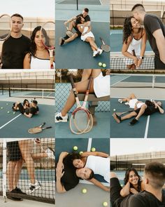 a collage of tennis players and their families posing for pictures on the court with rackets