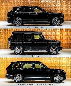 four different views of a black suv in front of a gold wall with the words gullinn and g65