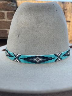 Beaded Hatband in Black Grey Cream Currant and Turquoise on - Etsy Beaded Hatbands Native American, Beaded Hat Brims, Beaded Hats Native American, Cowboy Hat Design, Cowboy Hat Bands, Beadwork Ideas, Beaded Hat Bands, Native Beading, Band Ideas