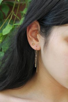 2-piercings set Threader earrings 14k gold filled threaded | Etsy 14k Gold Filled Threader Earrings, Gold Dangle Minimalist Piercings, Gold Dangle Piercings With Ear Wire, Minimalist Gold Cartilage Earrings With Delicate Chain, Gold Minimalist Cartilage Earrings With Delicate Chain, Double Earrings Combinations, Earrings Combinations, Double Earrings, 14k Gold Hoop Earrings