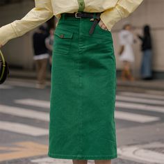 Purchase with blouse>>   High Waist Green Straight Skirt  Material: 70% Cotton+30% Polyester   Style: Retro, Workwear  Size: S, M, L, XL Color: Green  Occasion: Leisure, Outdoor, Daily, Vacation Colorful Workwear, Wool Skirt Outfit, Green Denim Skirt, Green Clothes, Blue Denim Skirt, Wool Skirt, Green Outfit, Skirt Outfit, Pink Skirt