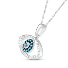 Carry a symbol of luck and protection when you wear this blue and white diamond evil eye pendant. Created in sterling silver The center shimmers with a blue diamond wrapped in halos of white and blue diamonds. The open eye-shaped frame shimmers with white diamonds and beaded details. This 1/10 ct. t.w. diamond pendant suspends along an 18.0-inch rope chain that secures with spring-ring clasp. Symbol Of Luck, Blue Diamonds, Diamond Evil Eye, Peoples Jewellers, Eye Pendant, Evil Eye Pendant, Blue Diamond, White Diamonds, Rope Chain