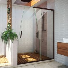 a bathroom with a walk in shower next to a sink