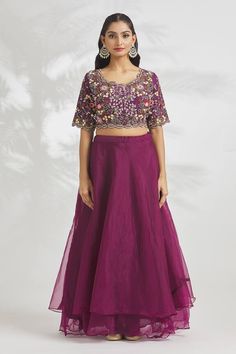 Wine organza dola padded blouse with multi-colored resham flowers, zardosi and aari embroidery. Comes with an organza lehenga and a detachable drape. - Aza Fashions Raw Silk Sets With Floral Embroidery For Party, Embroidered Organza Choli For Reception, Embroidered Tissue Silk Choli For Party, Party Sharara With Floral Embroidery In Tissue Silk, Navratri Embroidered Organza Blouse, Festive Tissue Silk Lehenga With Floral Embroidery, Tissue Silk Sets With Floral Embroidery For Reception, Festive Floral Embroidered Tissue Silk Lehenga, Party Sets With Floral Embroidery On Art Silk