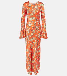 Floral satin maxi dress in orange - Ganni | Mytheresa Stretch Floral Print Midi Maxi Dress, Spring Rayon Maxi Dress With Bias Cut, Rayon Midi Dress With Bias Cut, Spring Bias Cut Rayon Maxi Dress, Rayon Bias-cut Midi Dress, Bias Cut Rayon Midi Dress, Spring Dresses In Rayon With Bias Cut, Spring Rayon Dresses With Bias Cut, Spring Rayon Bias Cut Dresses