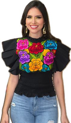 Fitted Multicolor Floral Embroidered Top, Fitted Top With Multicolor Floral Embroidery, Fitted Butterfly Embroidery Top For Spring, Fitted Tops With Butterfly Embroidery For Spring, Fitted Top With Butterfly Embroidery For Spring, Spring Multicolor Top With Machine Embroidery, Fitted Short Sleeve Embroidered Top With Ruffles, Fitted Embroidered Top With Floral Design For Fiesta, Fitted Floral Embroidered Top For Fiesta