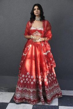 Shop for Tamaraa By Tahani Silk Taffeta Embroidered Lehenga Set for Women Online at Aza Fashions Embroidered Bridal Lehenga, Indian Wedding Dresses, Red Lehenga, Silk Taffeta, Embroidered Neckline, Red Sequin, Indian Wedding Dress, Designer Wedding, Online Wedding Dress