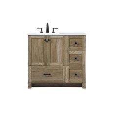 a bathroom vanity with two sinks and wooden cabinetry on the side, against a white background