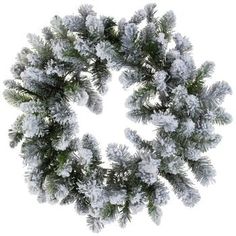 a christmas wreath is shown with snow on the branches and pine cones in front of white background