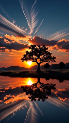 a lone tree is reflected in the water at sunset