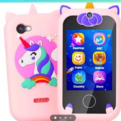 a pink phone with a unicorn on the front and an image of a horse on the back