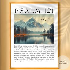 an image of a poster with the words,'psalm 12'in front of a lake and mountains