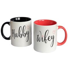 two coffee mugs with the words hubby and wife printed on them