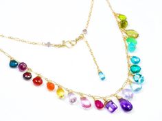 Solid Gold 14K Rainbow Multi Gemstone Necklace in Solid Gold, Precious Drop Necklace - Valltasy Rainbow Color Palette, Multi Gemstone Necklace, Colorful Necklace, Rainbow Gemstones, Rainbow Jewelry, Rainbow Necklace, Solid Gold Necklace, Pink Topaz, Girl Jewelry