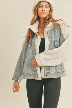 Oversized denim and fleece combo jacket. Self: 100%Polyester Lining: 100%Polyester Contrast: 100% Cotton Fleece Denim Jacket, Mountain Jacket, Unique Jackets, Casual Outerwear, Jacket Outfit, Sherpa Jacket, Oversized Jacket, Sherpa Lined, Workout Jacket