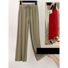 Stay cool and stylish this summer with our Women's Ice Silk Ankle Length Casual Summer Pants. These pants are perfect for the modern woman who wants to stay comfortable while looking great. The straight pant style and solid pattern keep it simple and versatile, while the high waist provides both comfort and coverage. The drawstring closure allows you to adjust the fit to your liking, and the loose fit makes them perfect for those hot summer days. The ankle length provides a modern touch, making Casual Stretch Capris In Solid Color, Summer Solid Color Straight Leg Capris, Casual Solid Color Capris For Loungewear, Casual Solid Color Loungewear Capris, Casual Stretch Wide Leg Capris, Casual Loungewear Bottoms With No Elasticity, Comfortable Non-stretch Solid Wide Leg Pants, Versatile Solid Ankle-length Bottoms, Casual Solid Color Ankle-length Wide Leg Pants