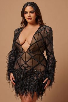 Amber Deep V Embellished Feather Trim Mini Dress - Black | Fashion Nova, Luxe | Fashion Nova Plus Size Models, Deep V, Luxe Fashion, Xl Dress, Winter Dresses, Dresses Xs, Mini Black Dress, Online Clothing, Fashion Nova