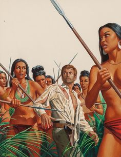 a painting of native american men and women holding spears