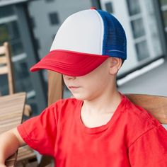 Get into the supernatural Stranger Things style with this vintage cap! This retro trucker hat is similar to the one worn by Dustin Henderson on the hit Netflix series Stranger Things. The foam front-panel is white and has royal blue mesh netting with a red brim. It's fully adjustable and will fit on most head sizes. Add it to your collection of Stranger Things TV series merchandise Stranger Things Style, Stranger Things Tv Series, Dustin Henderson, Stranger Things Tv, Mesh Netting, Vintage Cap, Vinyl Shirts, Netflix Series, Blue Vintage