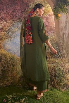 Green straight kurta with marodi and resham embroidery in paisley pattern. Paired with a silk pant and organza dupatta. - Aza Fashions Resham Embroidery, Silk Pant, Straight Kurta, Organza Dupatta, Kurta With Pants, Silk Pants, Pants Pattern, Pant Set, Paisley Pattern