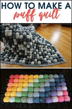 a blanket made out of crochet yarn with the words how to make a puff quilt