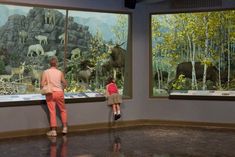 two people looking at paintings in a museum exhibit with animals on the wall and trees behind them