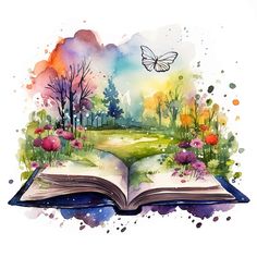 an open book with watercolor paint on it and a butterfly flying over the pages