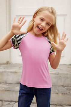 •Casual, cute, comfortably and chic. •Made with the softest and most breathable fabric. •Solid color pink silhouette, fashionable raglan sleeve, leopard striped trimmed sleeves. •Matches well with shorts, pants and leggings. Size Chart (INCH) Size Bust Length Relax Relax S 26.0 16.3 M 27.6 17.7 L 29.5 19.1 XL 31.9 20.6 Shorts Pants, Pants And Leggings, Printed Sleeves, British Indian, Kids Wear, Raglan Sleeve, Pink Girl, Breathable Fabric, Leopard Print