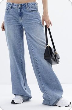 Trendy Wide Leg Non-stretch Jeans, Trendy Baggy Flare Jeans For Spring, Casual Baggy Flare Jeans For Spring, Casual Non-stretch Jeans, Casual Full Length Non-stretch Flare Jeans, Mid-rise Relaxed Fit Jeans, Casual Flare Jeans With Loosely Fitted Hips, Versatile Wide Leg Jeans With Five Pockets, Casual Spring Flare Jeans