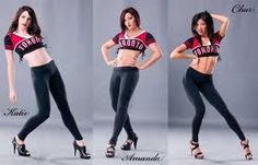 four different pictures of a woman in high heels and tights with her hands on her hips