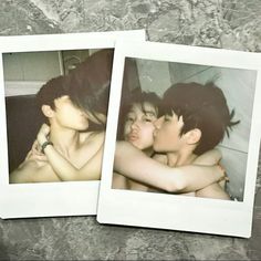 two polaroid photos of people hugging each other on a table top with marble background