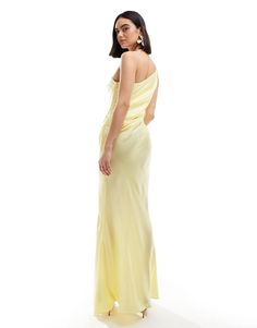 ASOS DESIGN satin one shoulder maxi dress with thigh split in lemon | ASOS One Shoulder Ruched Satin Maxi Dress, Spring One-shoulder Satin Maxi Dress, Fitted Bias Cut One Shoulder Evening Dress, Fitted Bias-cut One-shoulder Evening Dress, Formal Yellow One-shoulder Dress, One-shoulder Satin Maxi Dress With Side Slits, One Shoulder Satin Maxi Dress With Side Slits, Yellow Fitted One-shoulder Dress, Fitted One Shoulder Satin Maxi Dress