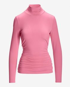 This versatile long-sleeve knit top effortlessly combines comfort and style. The ruched detailing flatters the figure, while the turtleneck keeps you cozy and on-trend. Elevate any ensemble with this must-have wardrobe staple. | Boston Proper - Phlox Pink - So Chic Ruched Turtleneck Top - Large Chic Fitted Long Sleeve Top With Ruched Details, Chic Ruched Long Sleeve Fitted Top, Chic Fitted Ruched Long Sleeve Top, Chic Ruched Long Sleeve Top With Stretch, Chic Ruched Stretch Long Sleeve Top, Chic Stretch Ruched Long Sleeve Top, Spring Ruched High-stretch Tops, Spring Ruched Fitted Long Sleeve Top, Spring Ruched Long Sleeve Fitted Top